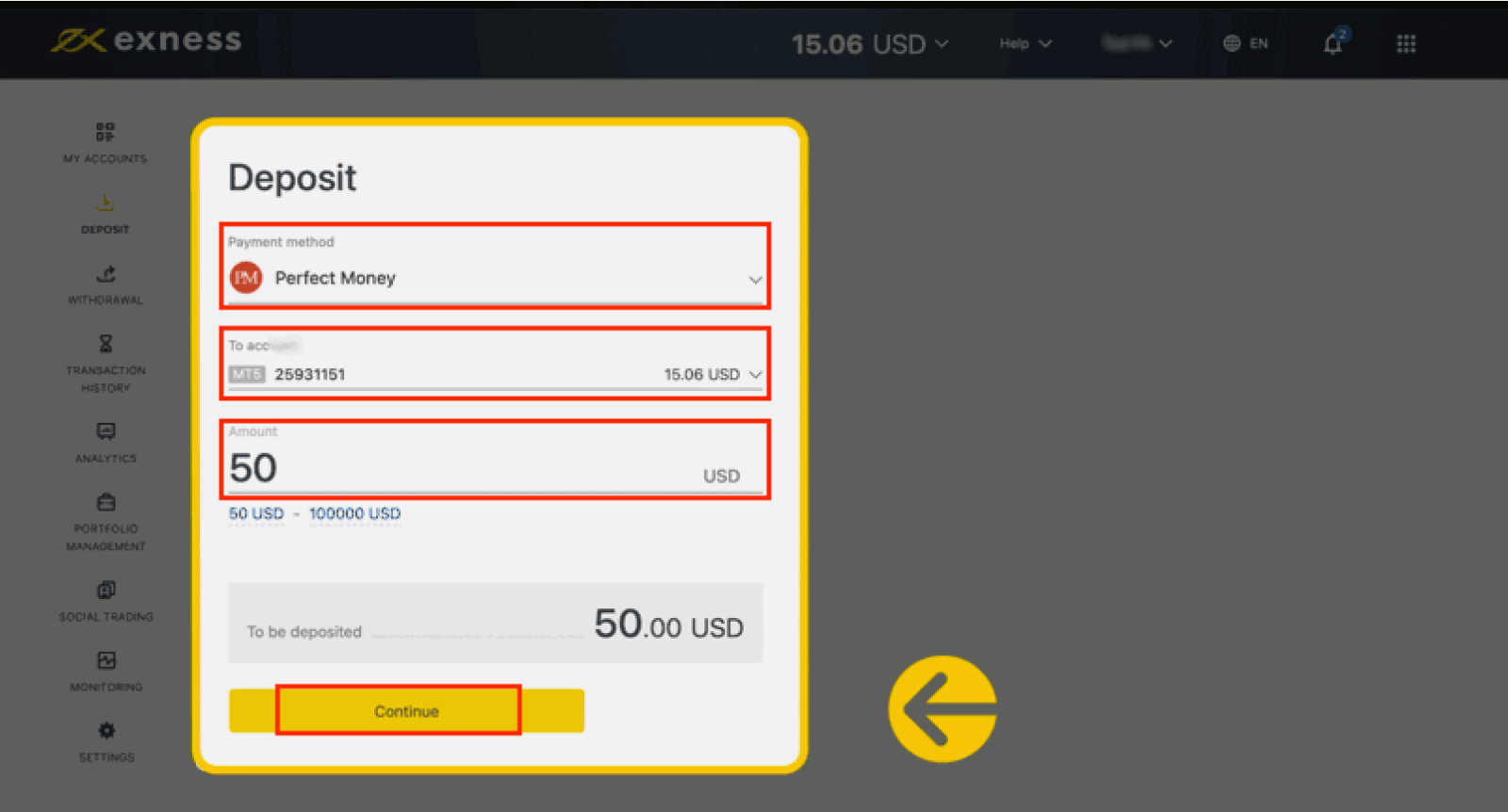 Deposit and Withdrawal using Perfect Money on Exness