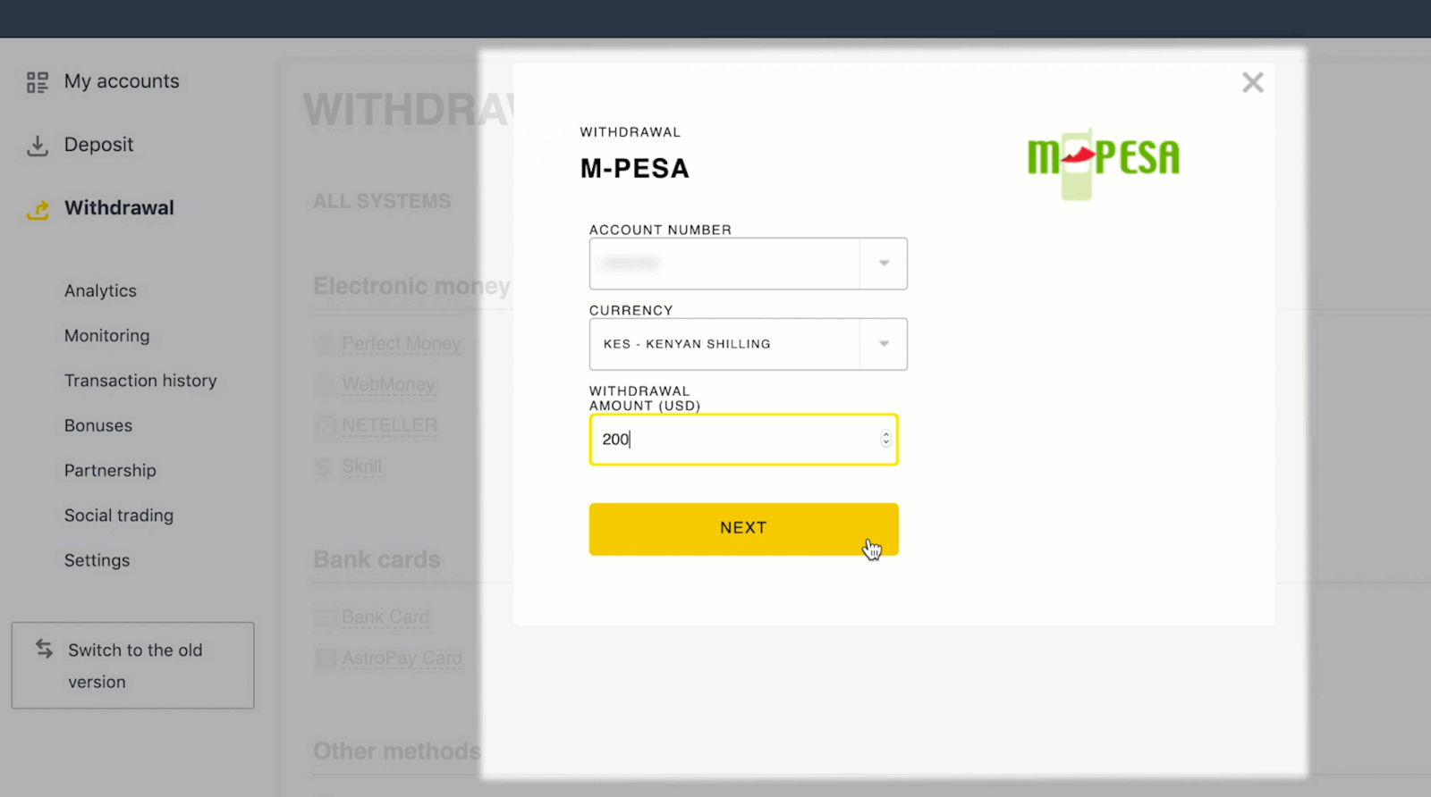 Deposit and Withdrawal using M-Pesa on Exness