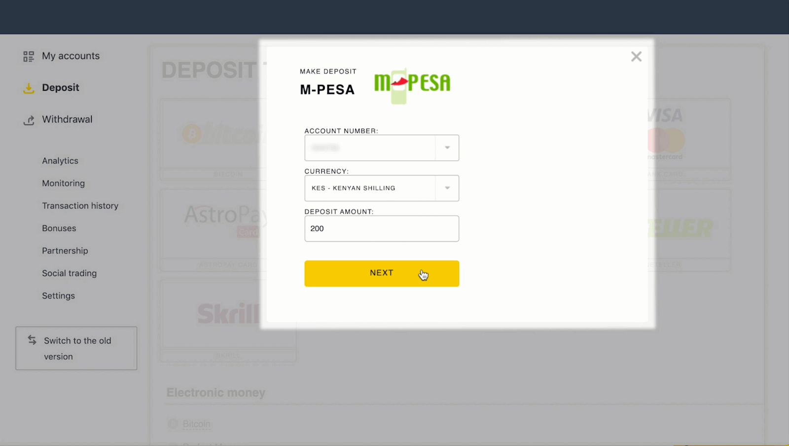 Deposit and Withdrawal using M-Pesa on Exness