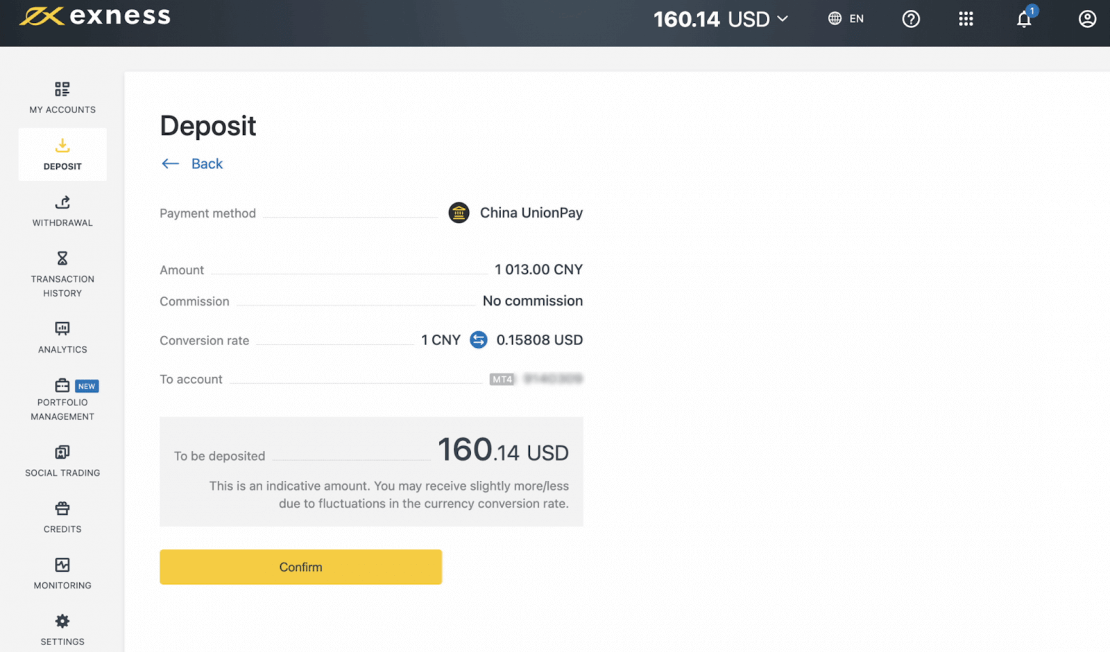 Exness Deposit and Withdraw Money in China