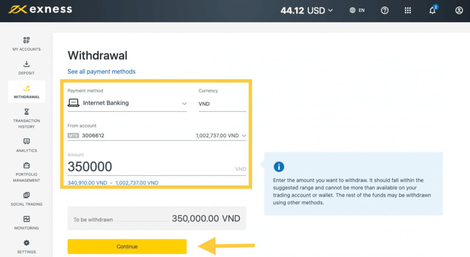 Exness Deposit and Withdraw Money in Vietnam