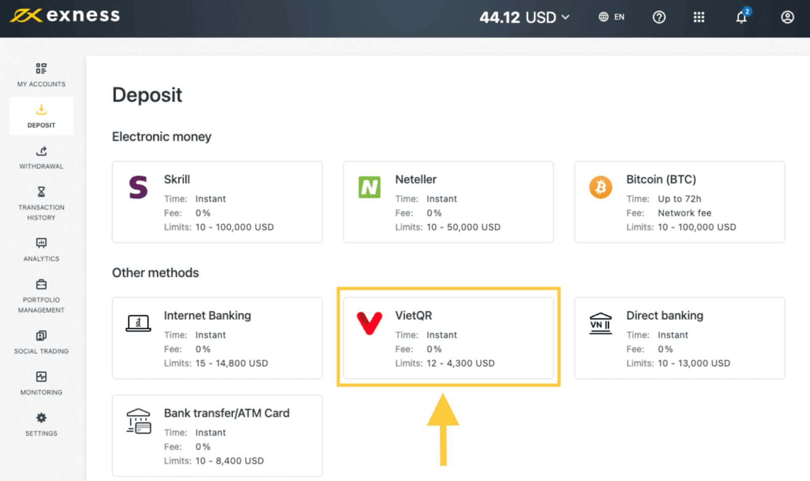 Exness Deposit and Withdraw Money in Vietnam