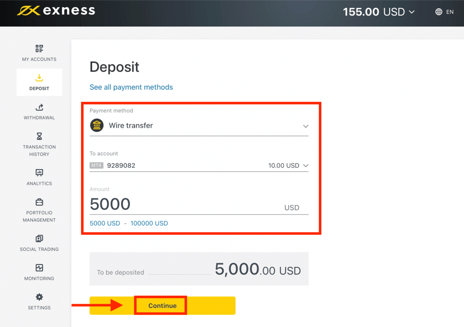 Deposit and Withdrawal using Wire Transfers on Exness