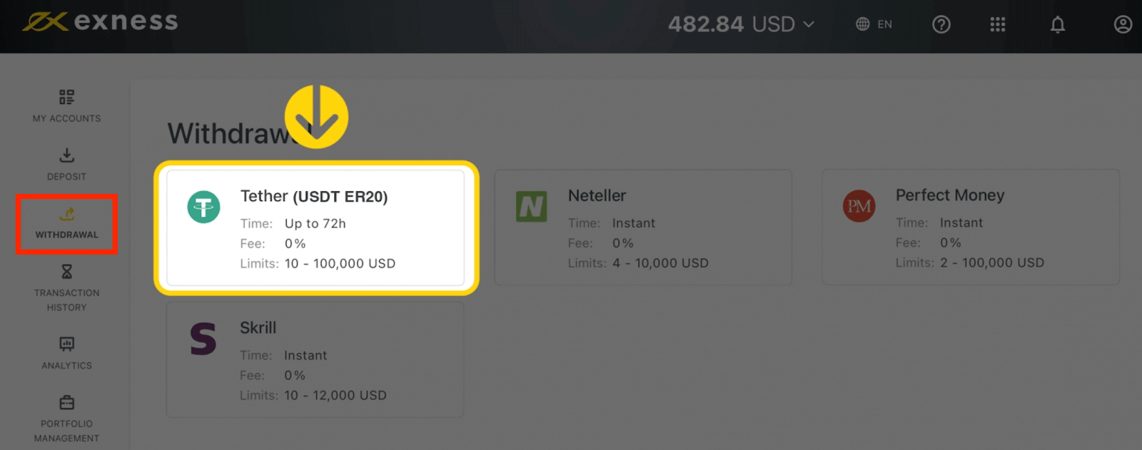 Deposit and Withdrawal using USDT on Exness