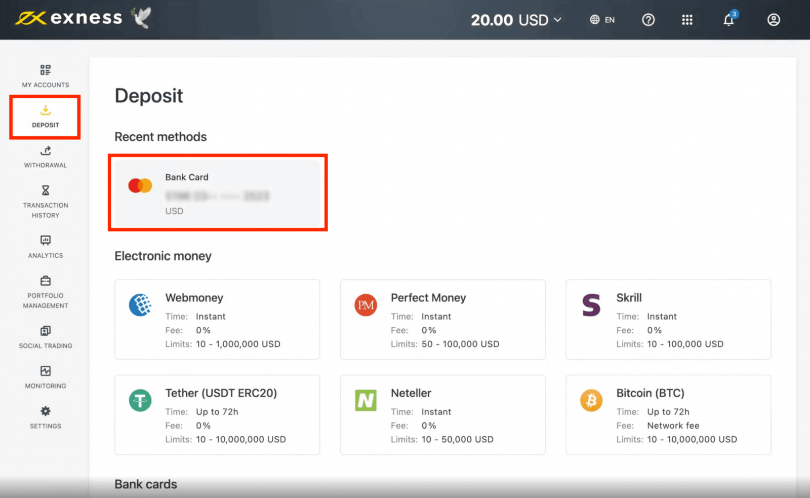 Deposit and Withdrawal on Exness using a Bank Card