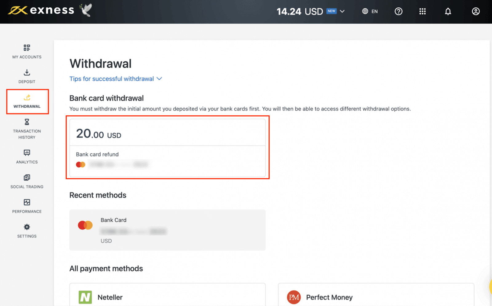 Deposit and Withdrawal on Exness using a Bank Card