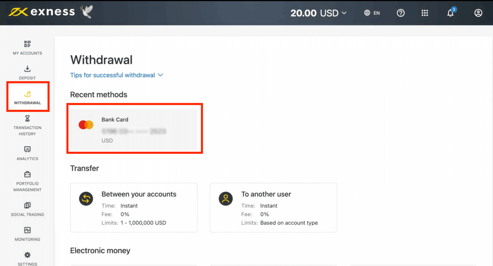 Deposit and Withdrawal on Exness using a Bank Card