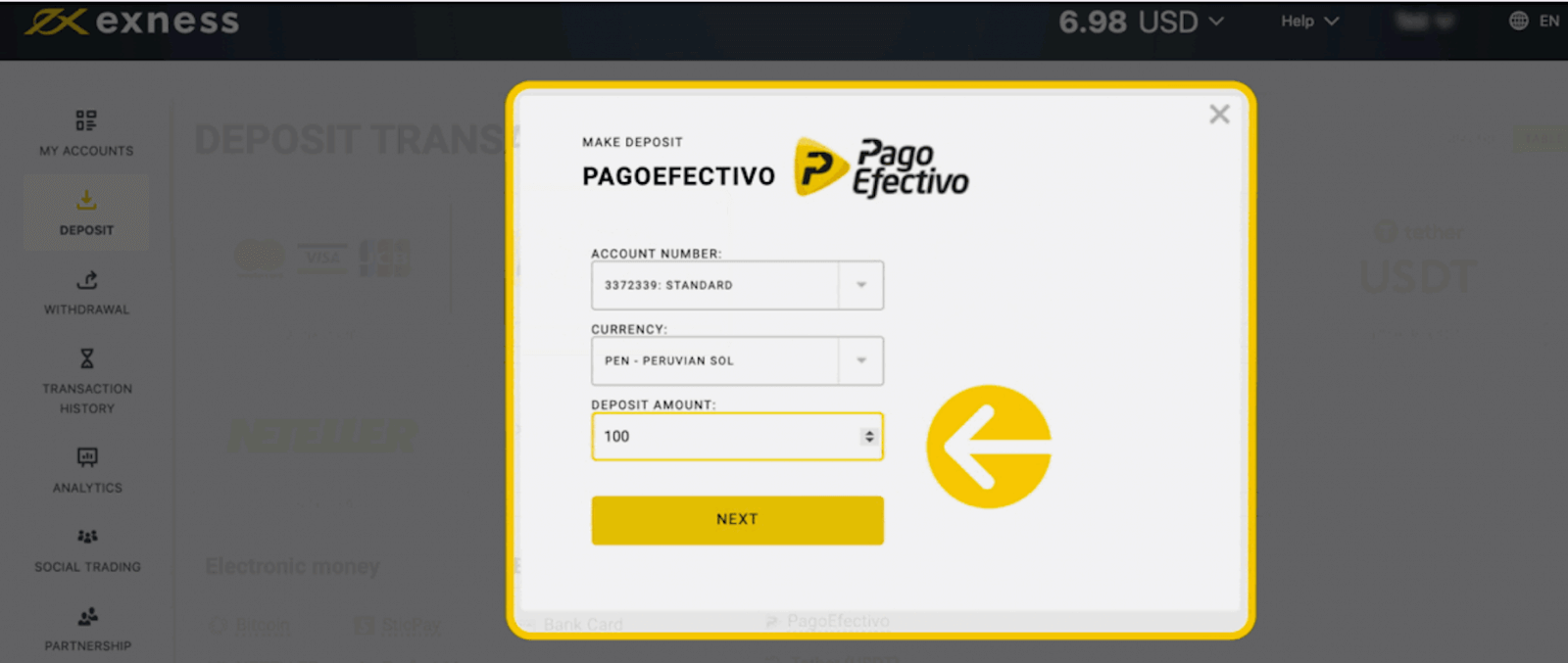 Exness Deposit and Withdraw Money in Peru