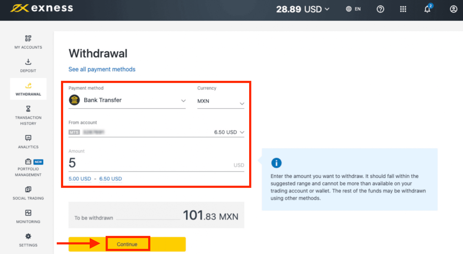 Exness Deposit and Withdraw Money in Mexico