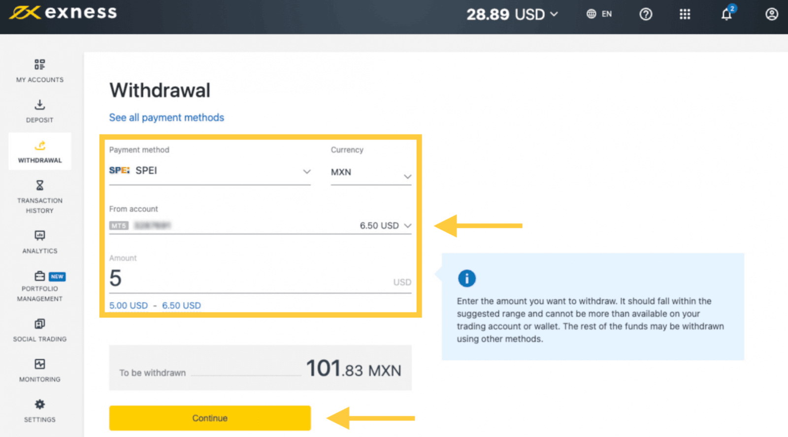 Exness Deposit and Withdraw Money in Mexico