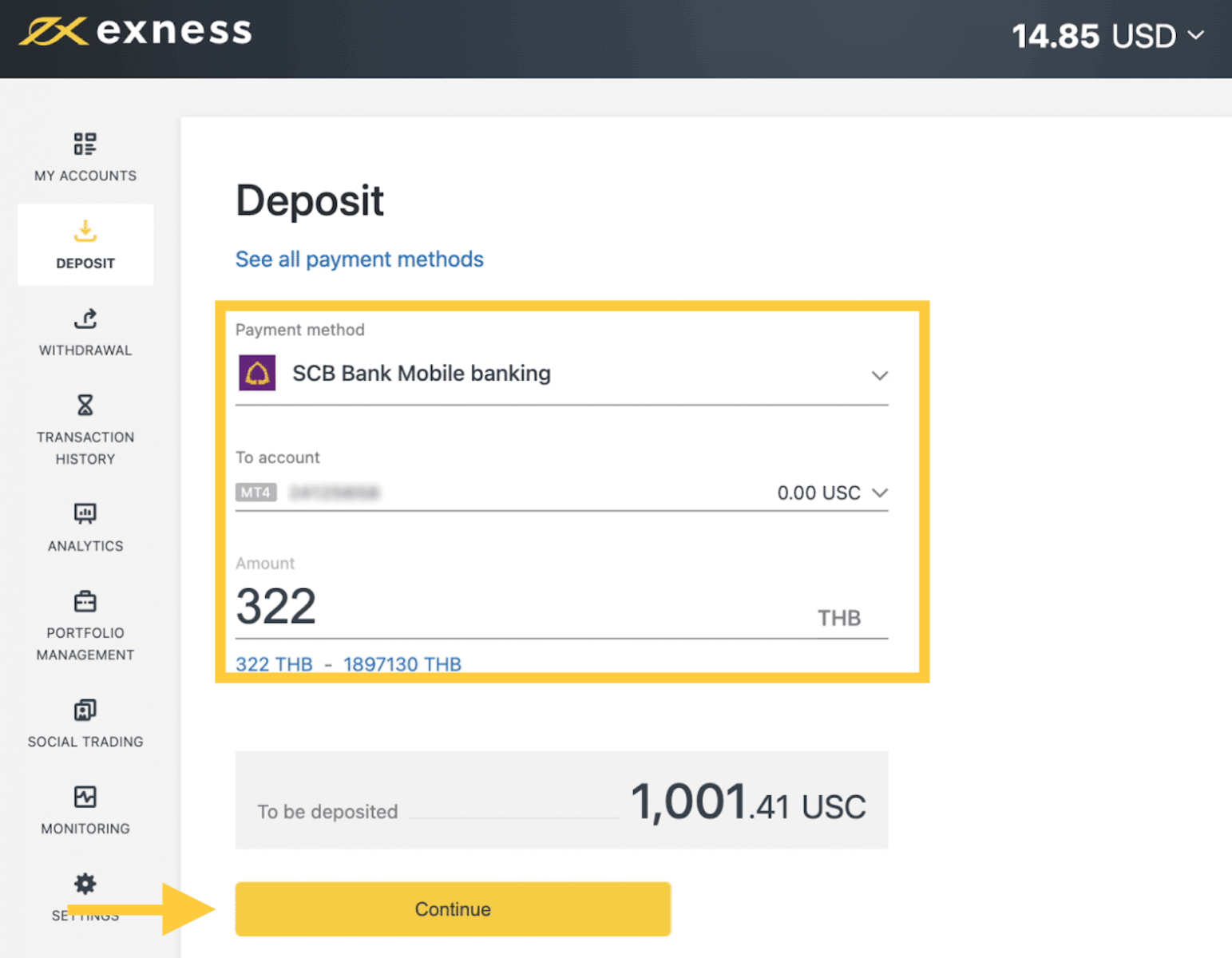 Deposit and Withdrawal on Exness using SCB Bank Mobile Banking