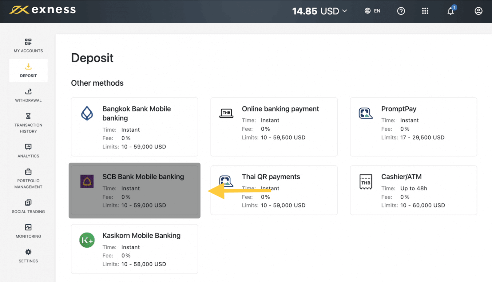 Deposit and Withdrawal on Exness using SCB Bank Mobile Banking