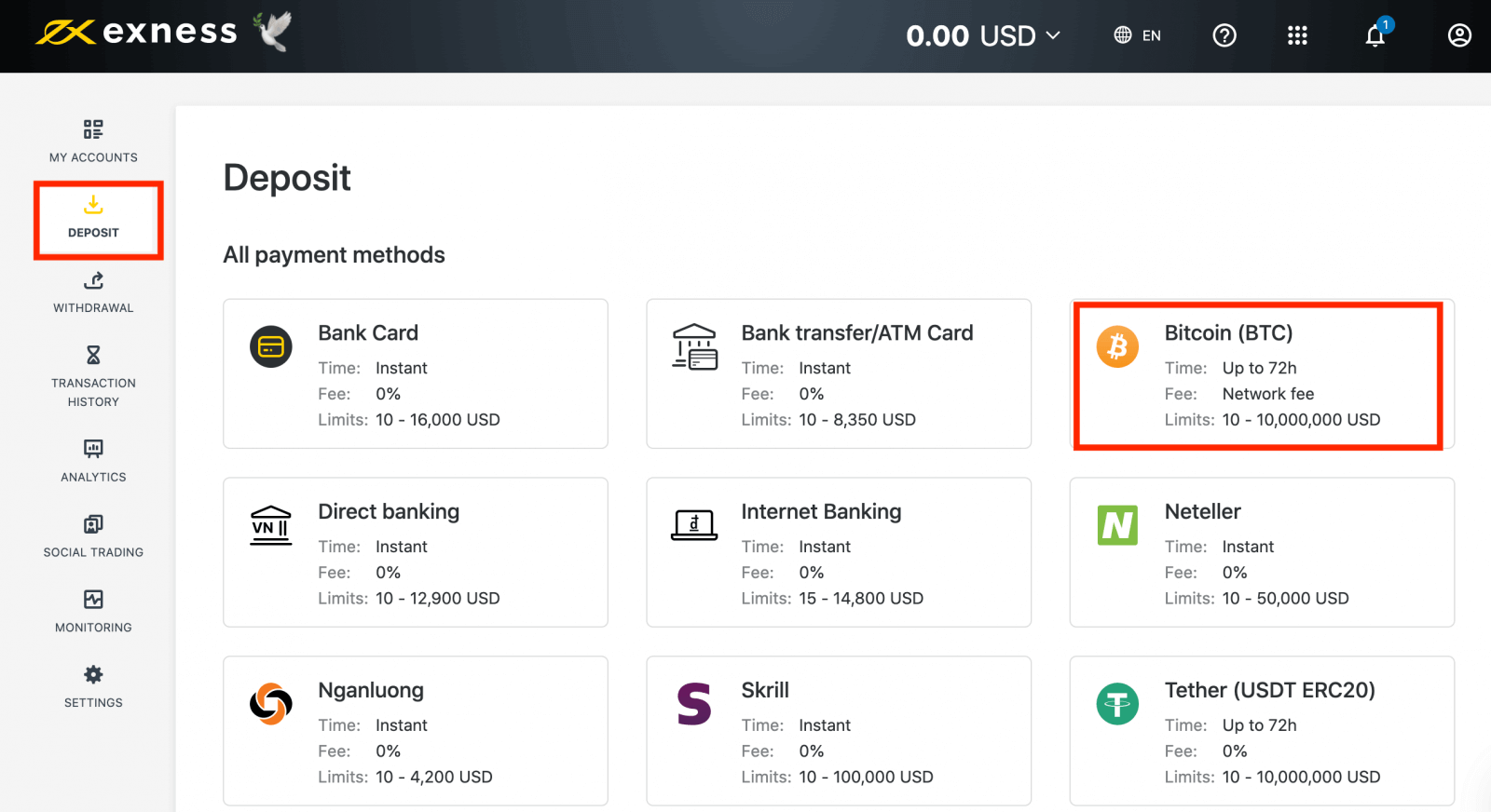 Deposit and Withdrawal using Bitcoin on Exness