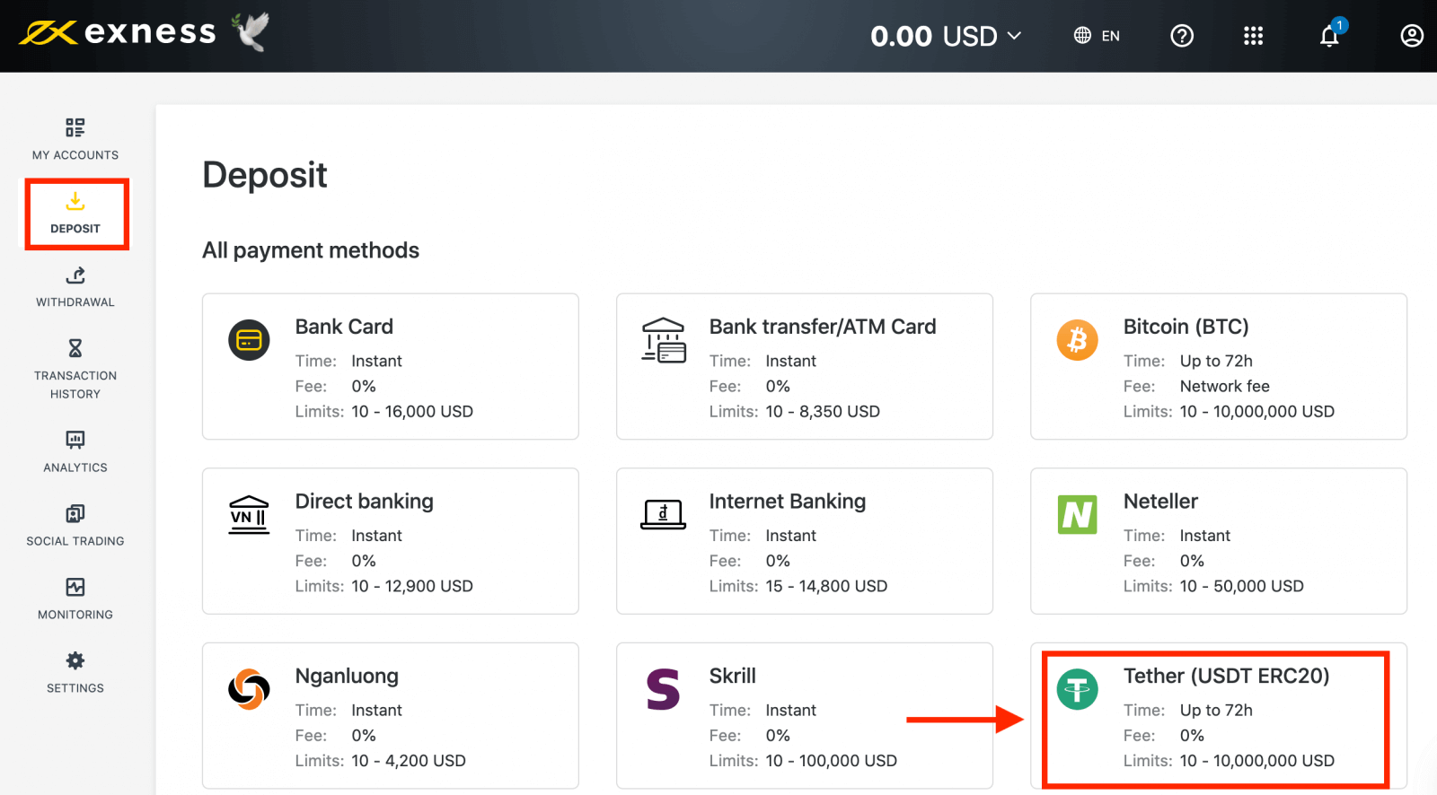 Deposit and Withdrawal using USDT on Exness