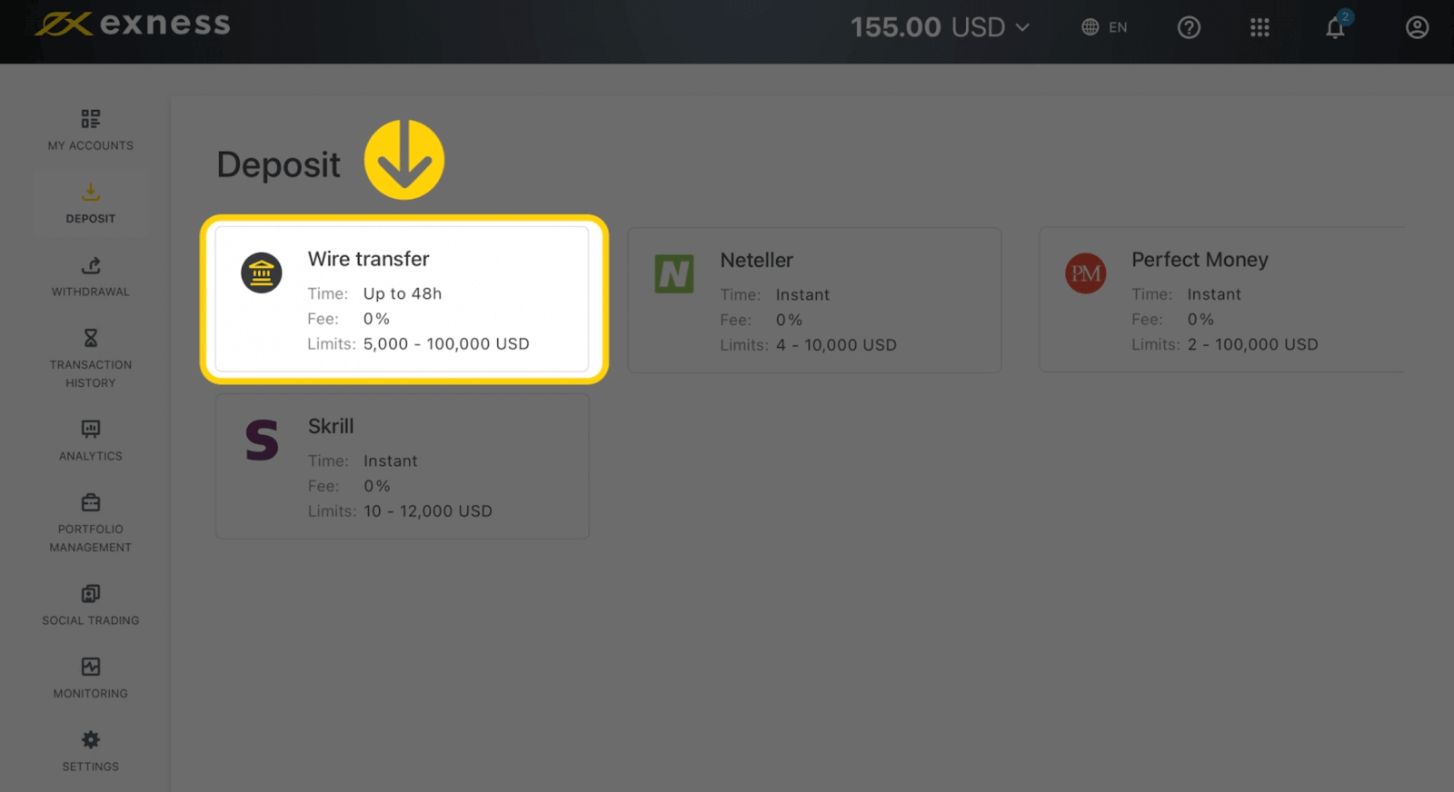Deposit and Withdrawal using Wire Transfers on Exness